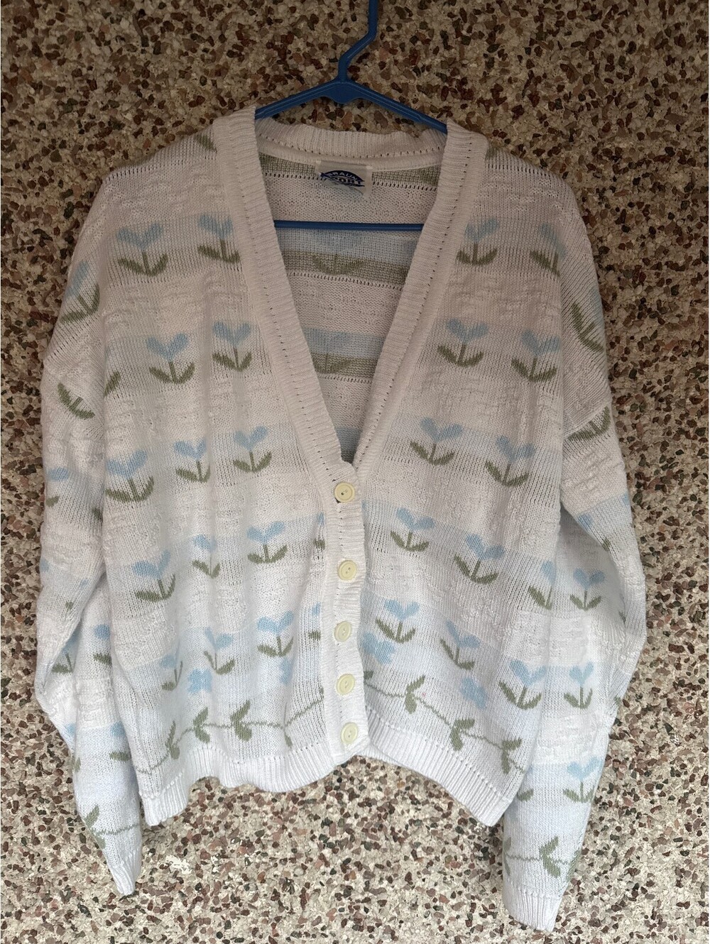 Vintage Braun Sport Cotton Cardigan White Blue Floral USA Made Large